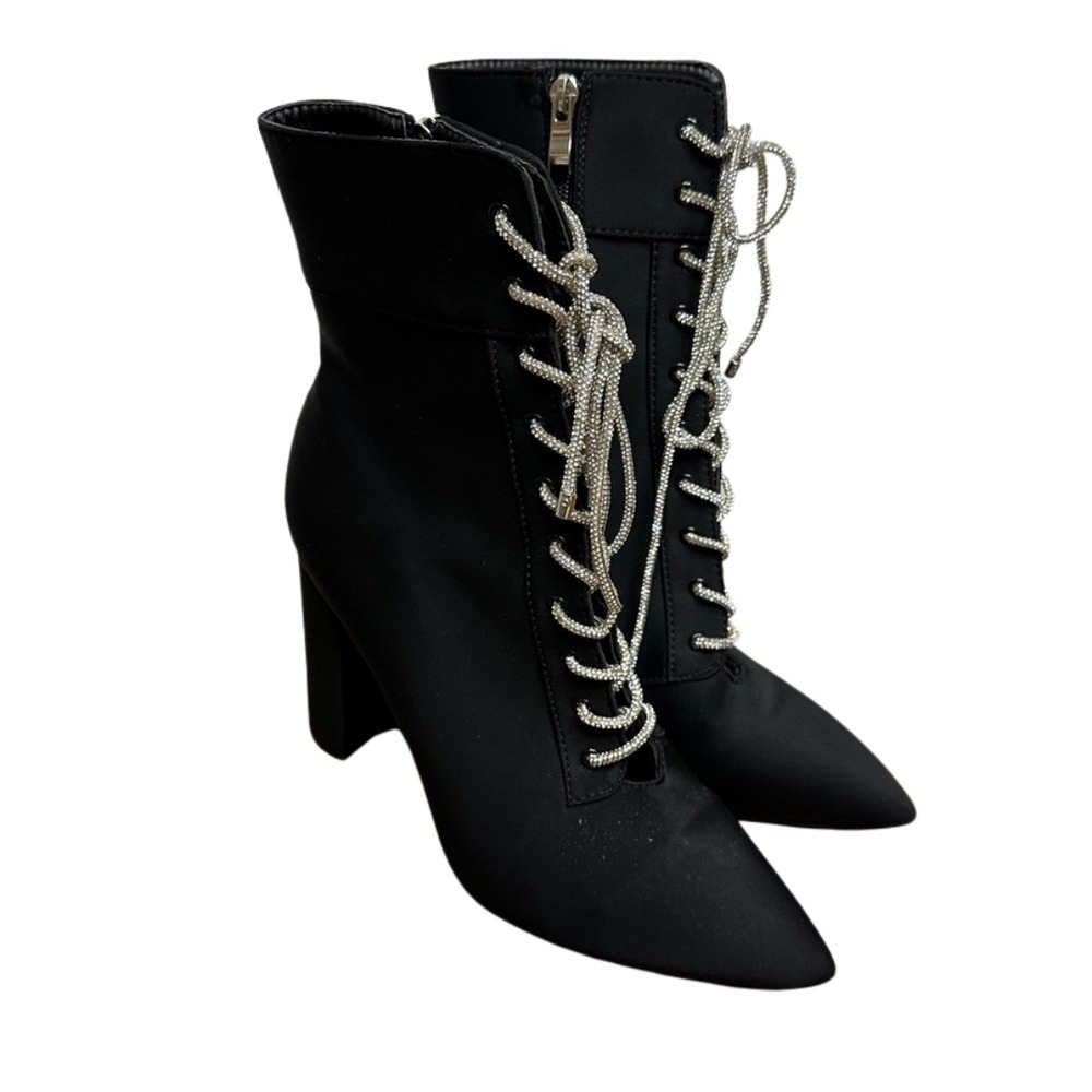 Azalea Wang Heeled Boot Size 10 Rhinestone Lace‎ Black